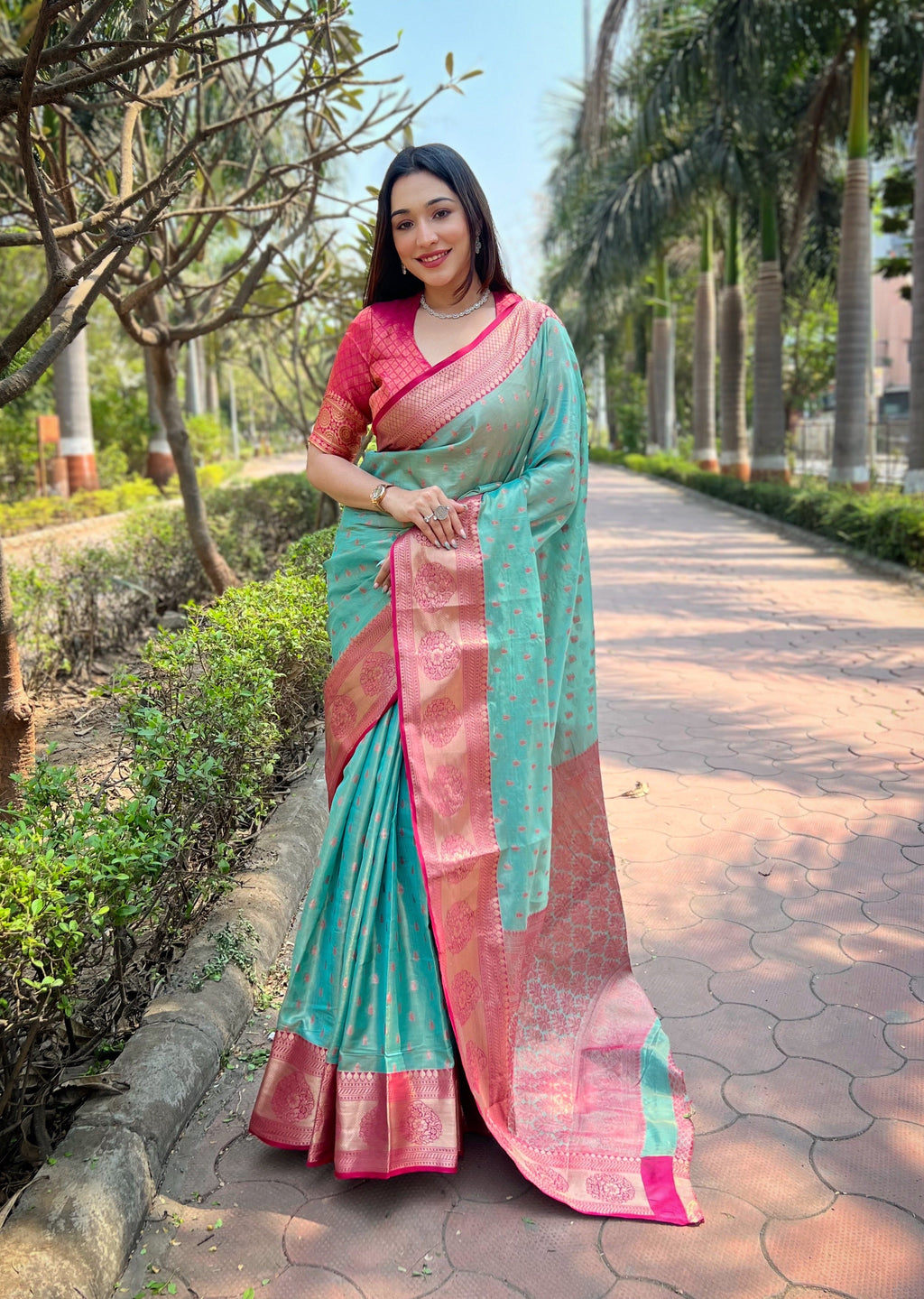 Sky Kanchipuram Tissue Silk Saree with intricate Zari weaving