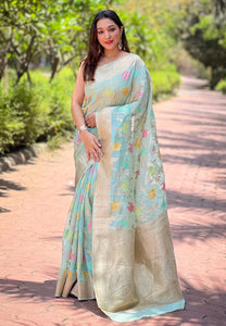 Skyblue Organza Floral Zari Woven Saree | TRENDBUY
