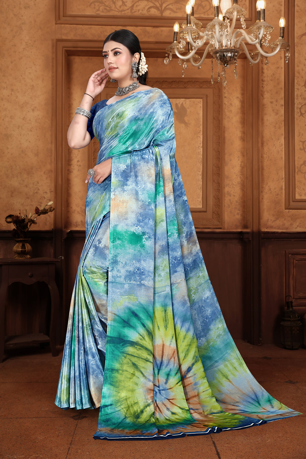 Close-up of the intricate modern tie-dye inspired digital print on soft fabric drape