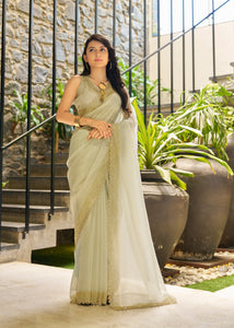 Stylish Cream Handwork Zarkan Saree | TRENDBUY