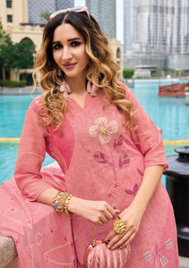 Border Schiffli Work Linen Kurti Set with Tebby Silk Digital Print Dupatta | 3-Piece Ethnic Wear