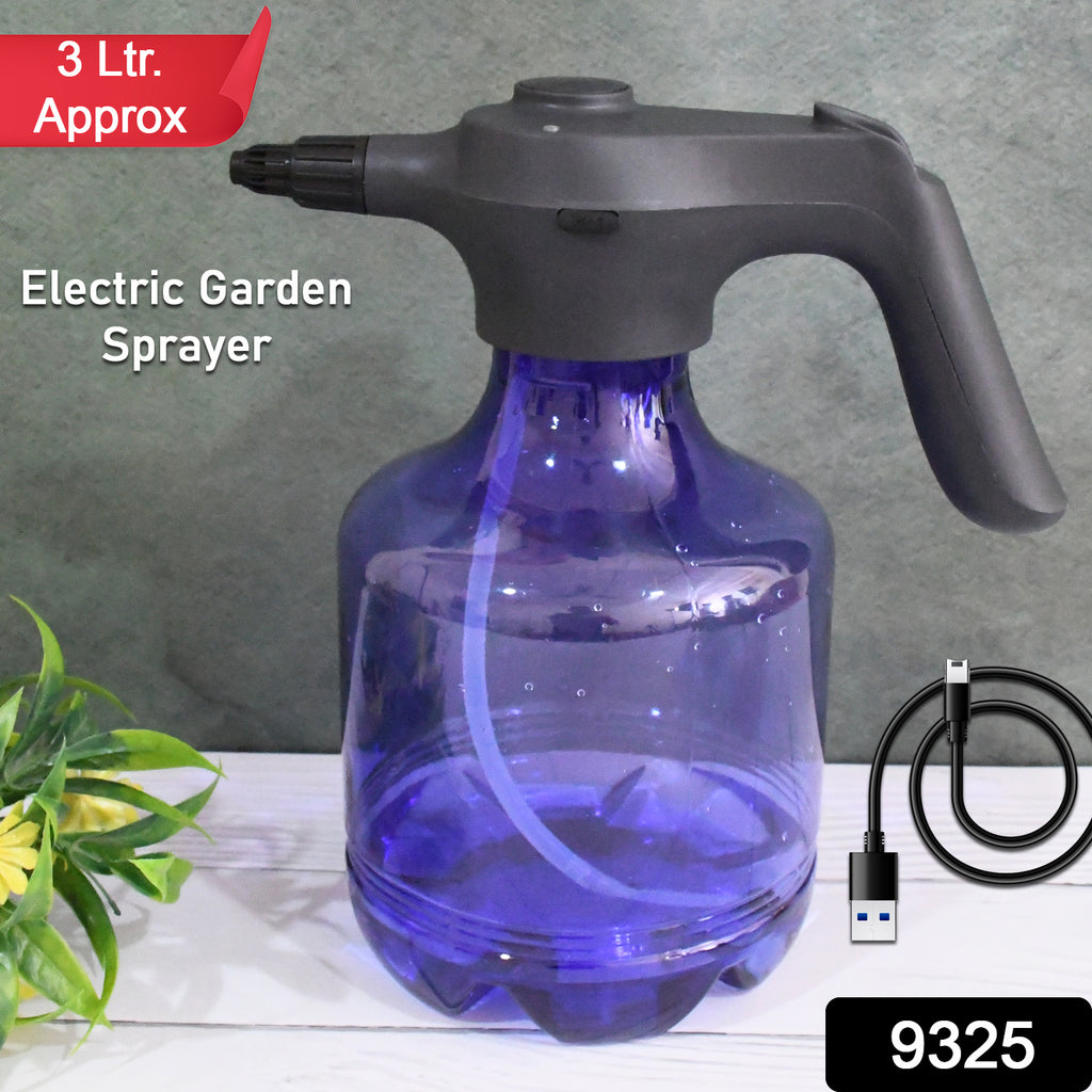 Green 3L electric garden sprayer actively fertilizing plants, battery-powered and automatic.