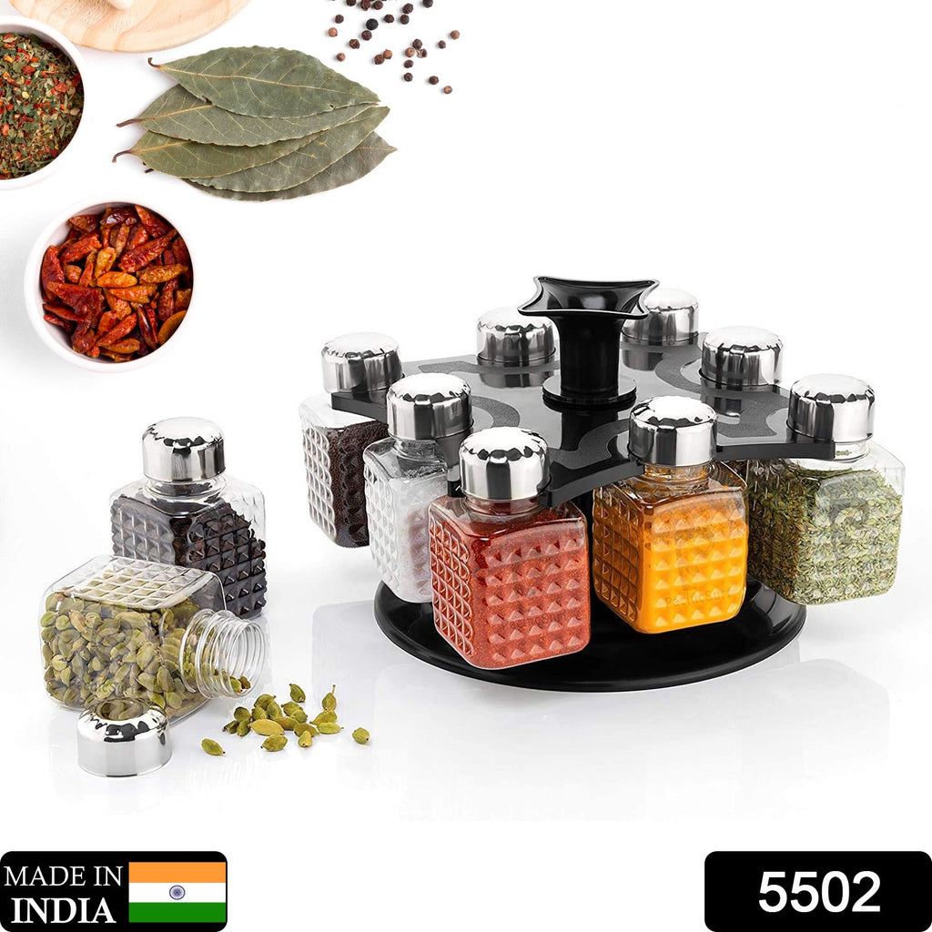 New square 8-bottle 360-degree revolving spice rack set with clear condiment containers
