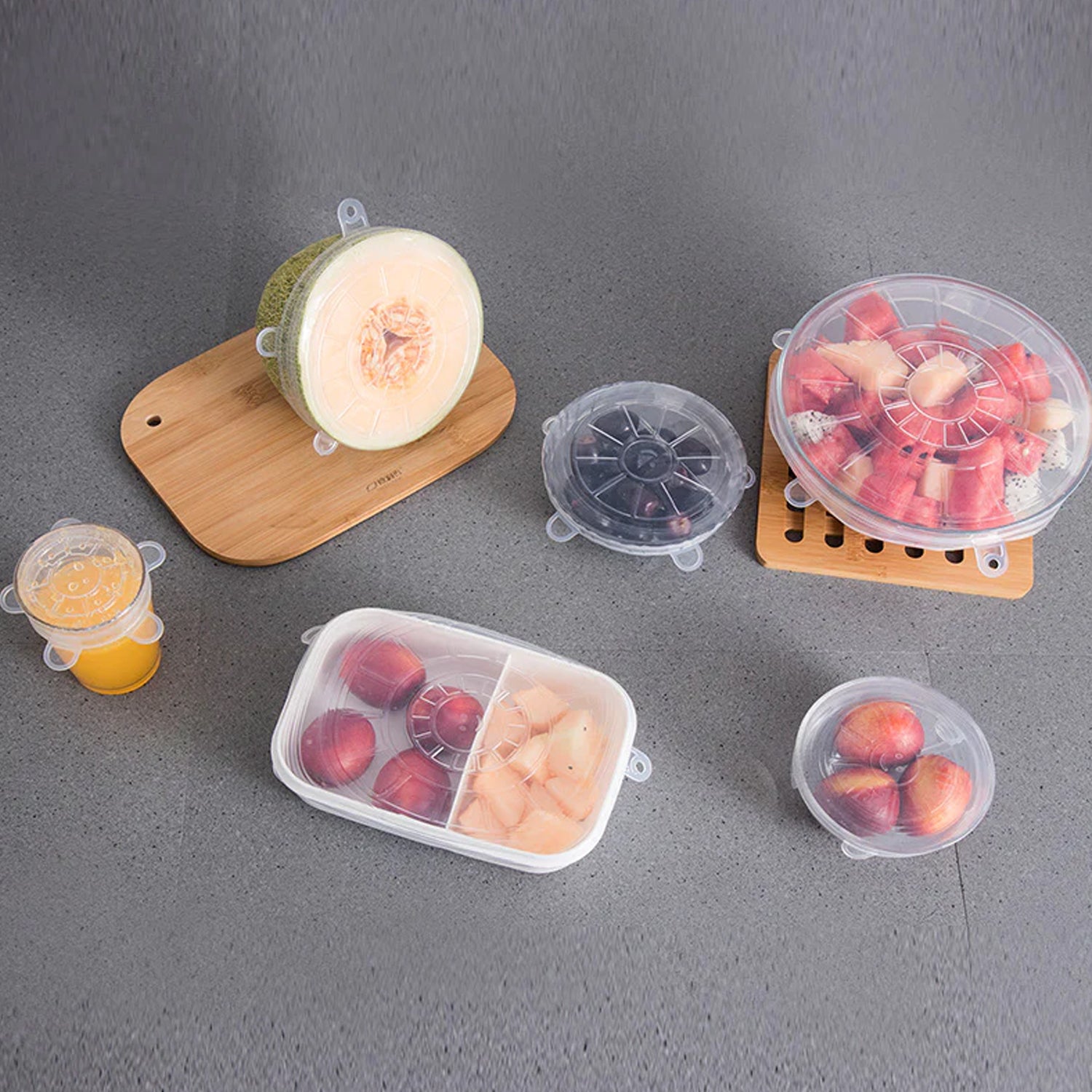 5752 Silicone Stretch Lids Food Cover For Freezer Microwave Oven Dishwasher Safe Fresh-keeping Flexible Covers For Utensils Dishes Plates Jars Cans Mugs Bowl Covers Food Safety Seal Lids (6 Pcs Set 95 Gm )