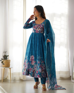 Teal Blue Floral Gown with Duppatta and Pant | TRENDBUY