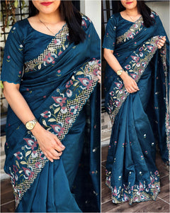 Teal Blue Partywear Saree with Embroidery Cutwork Visca Silk | TRENDBUY