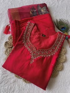 Tometo Red Durga Puja Special Kurta Pant Dupatta Set | TRENDBUY