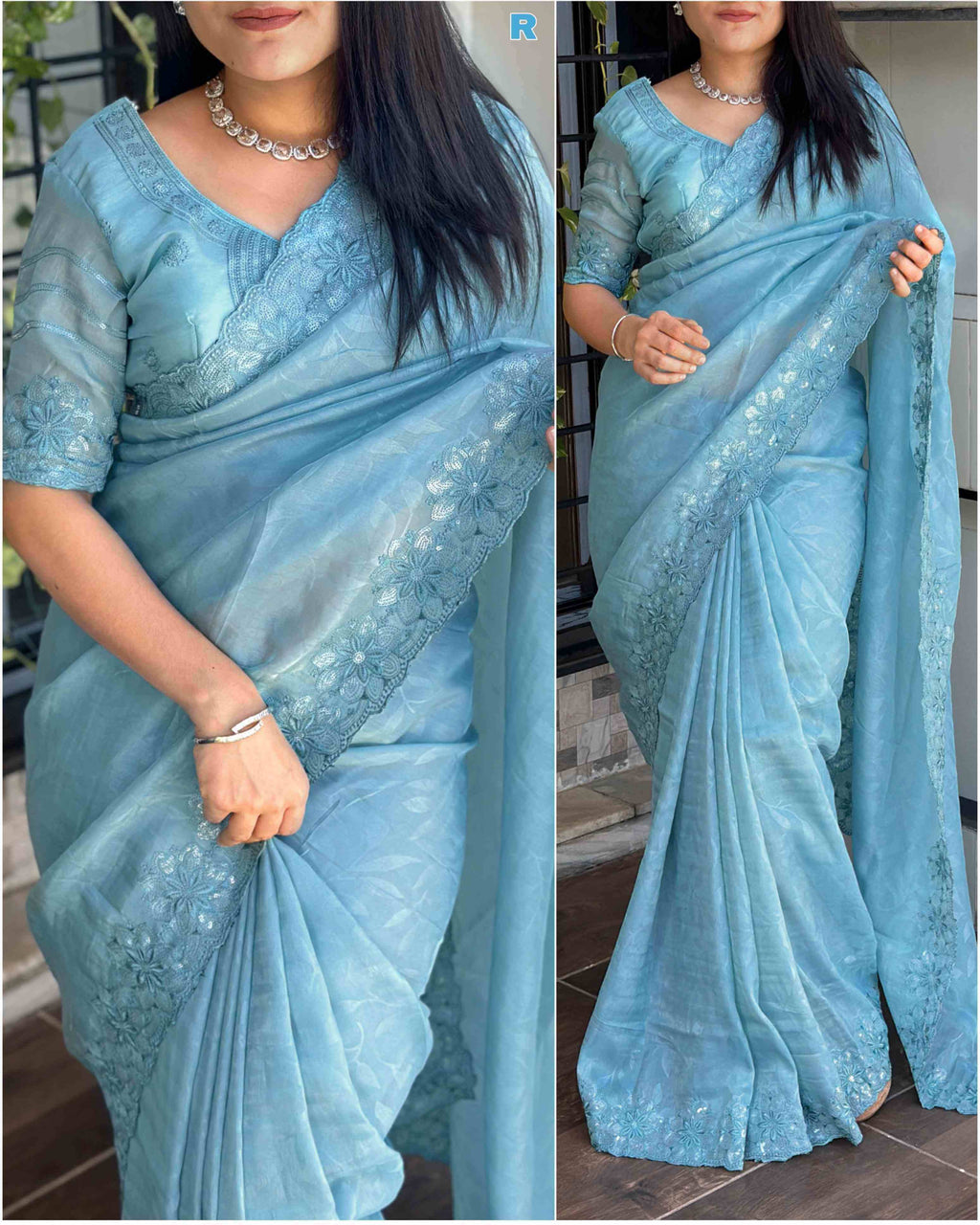 Turquoise blue sequin cutwork saree with intricate detailing