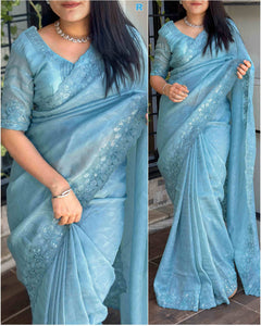 Turquoise Blue Sequin Cutwork Saree | TRENDBUY