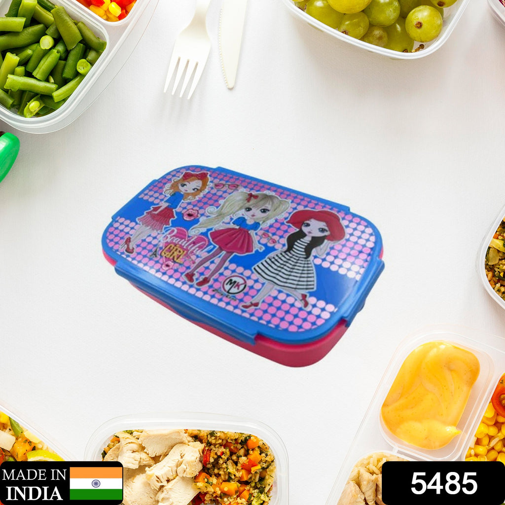Cartoon printed kids' air-tight plastic lunch box with inner box & spoon for school.