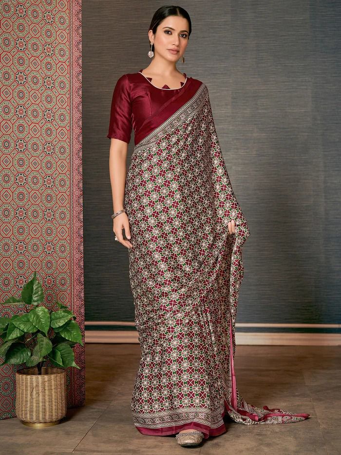 Uniform Clothes Ajrakh Print Saree with intricate traditional patterns