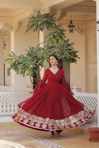 V-Neck Sequin Embroidered Gown with Dupatta | TrendBuy