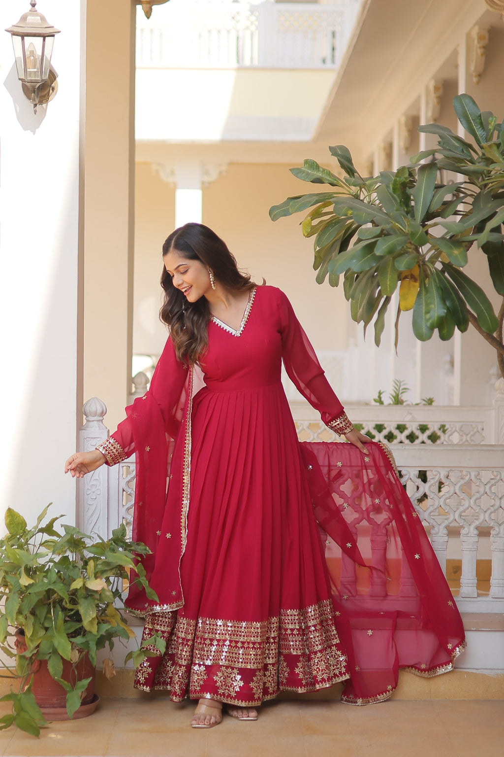 V-neck pink sequins gown with matching dupatta