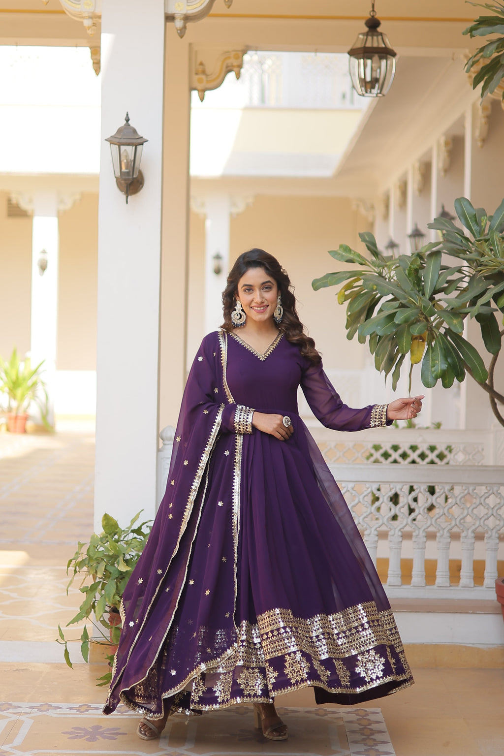 Stunning V-Neck Purple Sequins Gown and Dupatta for special occasions