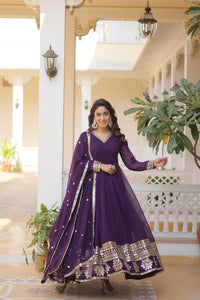 V-Neck Purple Sequins Gown & Dupatta | TRENDBUY