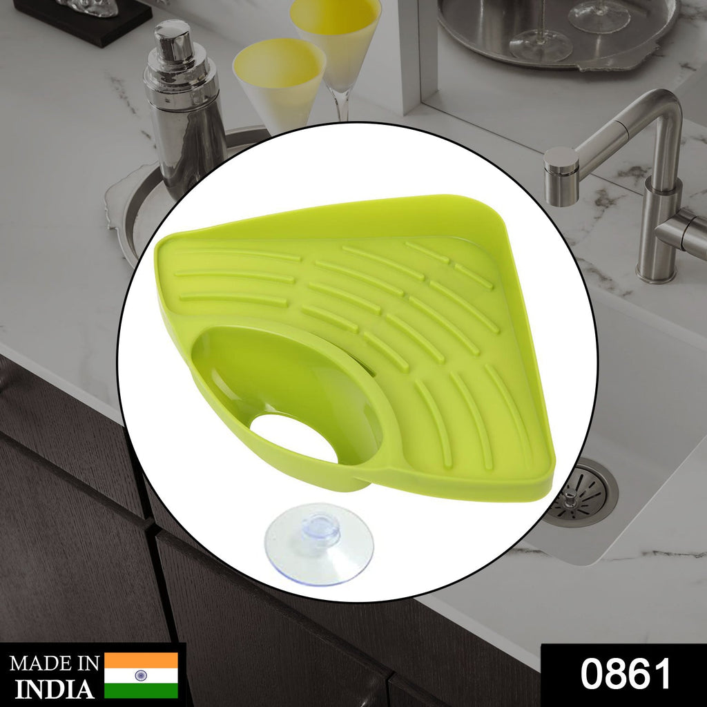 Triangular multi-functional kitchen sink corner drain shelf & strainer basket holding sponge.