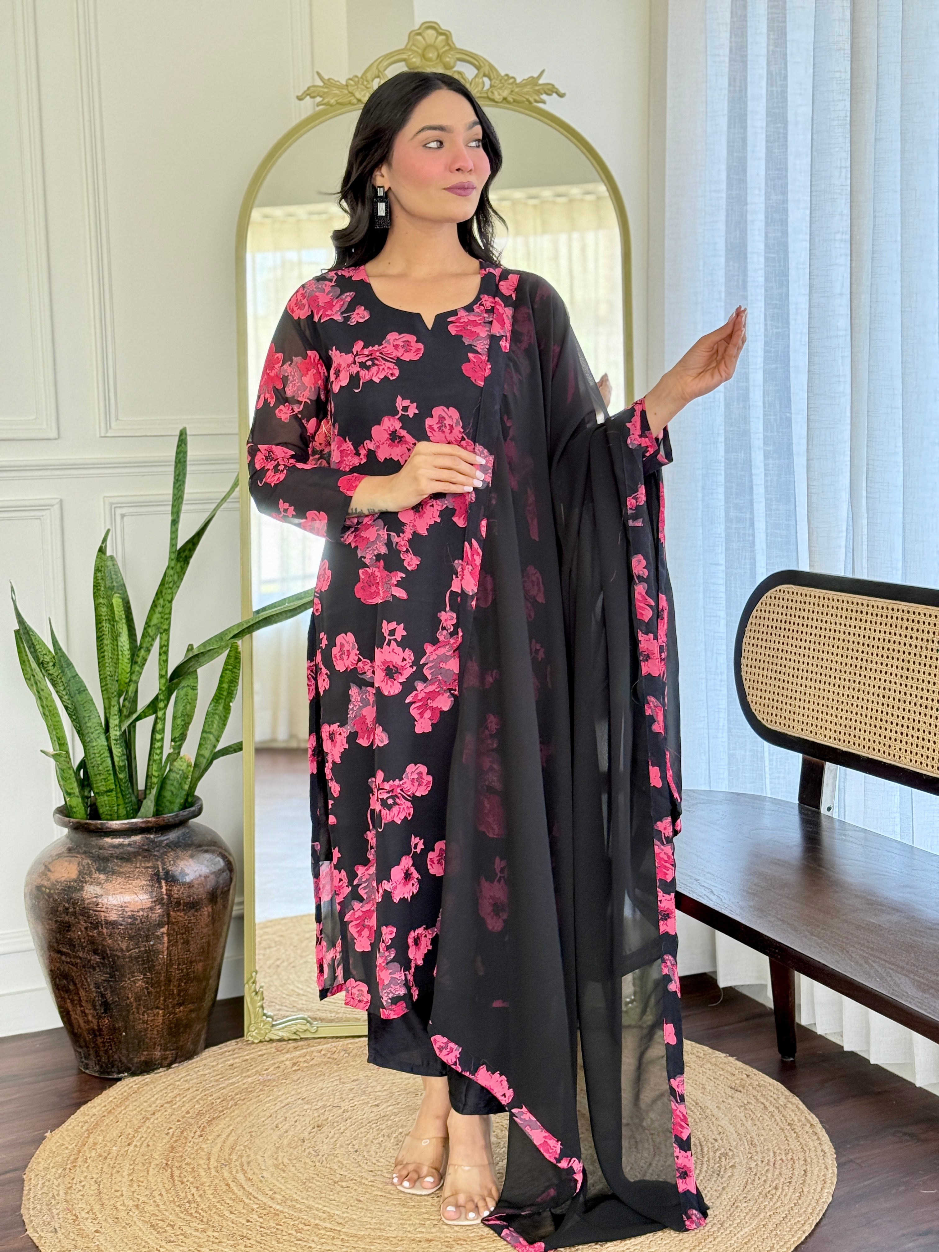 Side view of a woman wearing the TRENDBUY VI-201 kurti set, demonstrating the flow of the georgette dupatta and kurti.