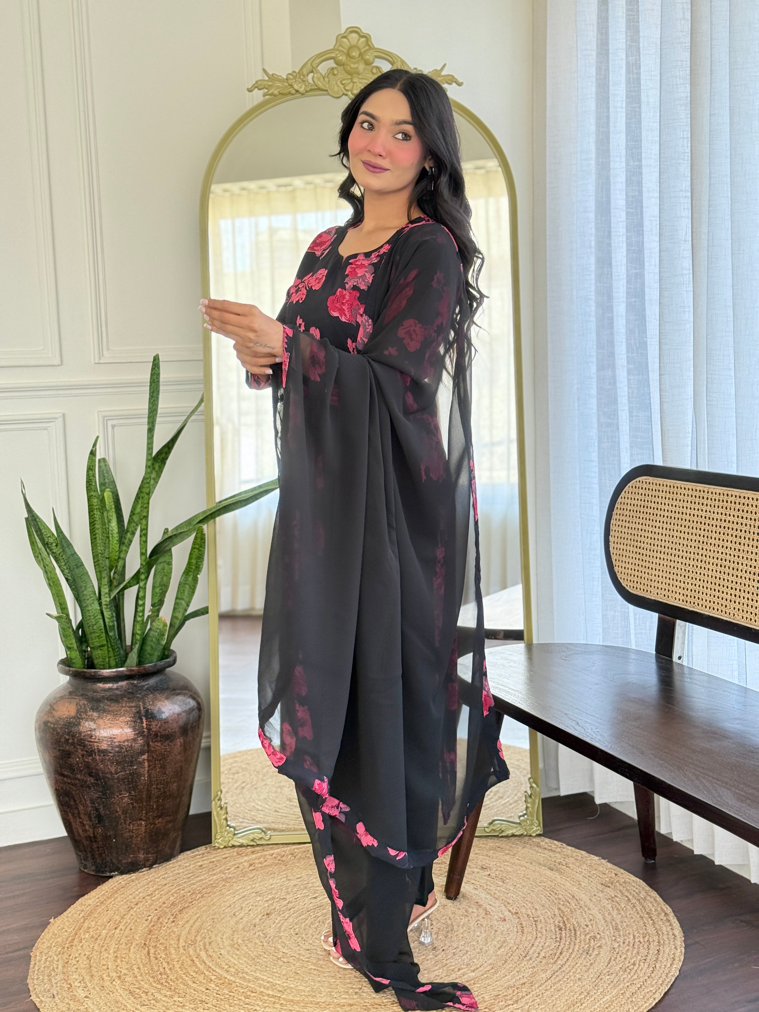 Model from TRENDBUY presenting the VI-201 kurti set, highlighting the elegance of the draped georgette dupatta.