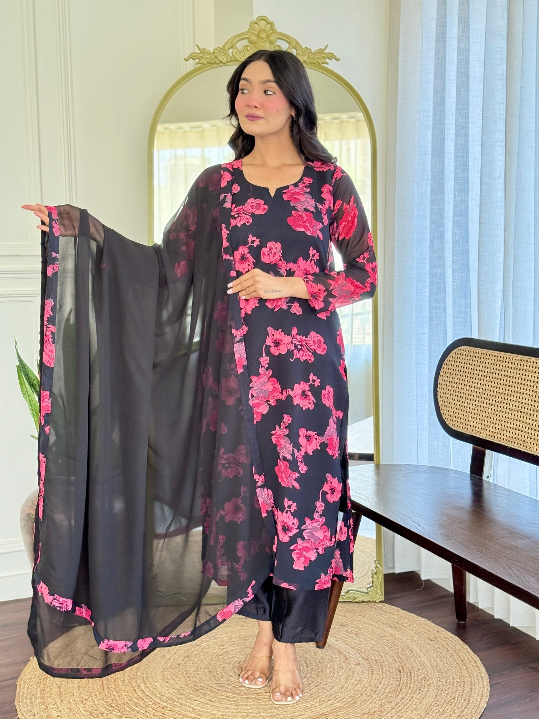 Model elegantly displaying the TRENDBUY georgette floral kurti set, with the dupatta spread out, emphasizing the beautiful print and fabric.