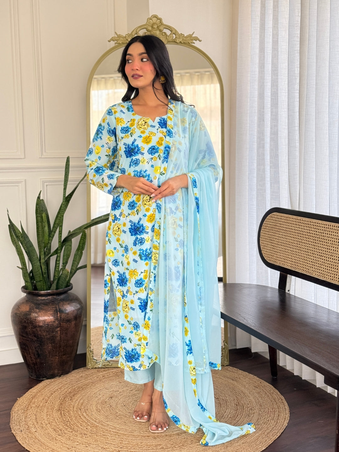 TRENDBUY Blossom Breeze Georgette Kurta Set with floral print, full view of model standing elegantly.