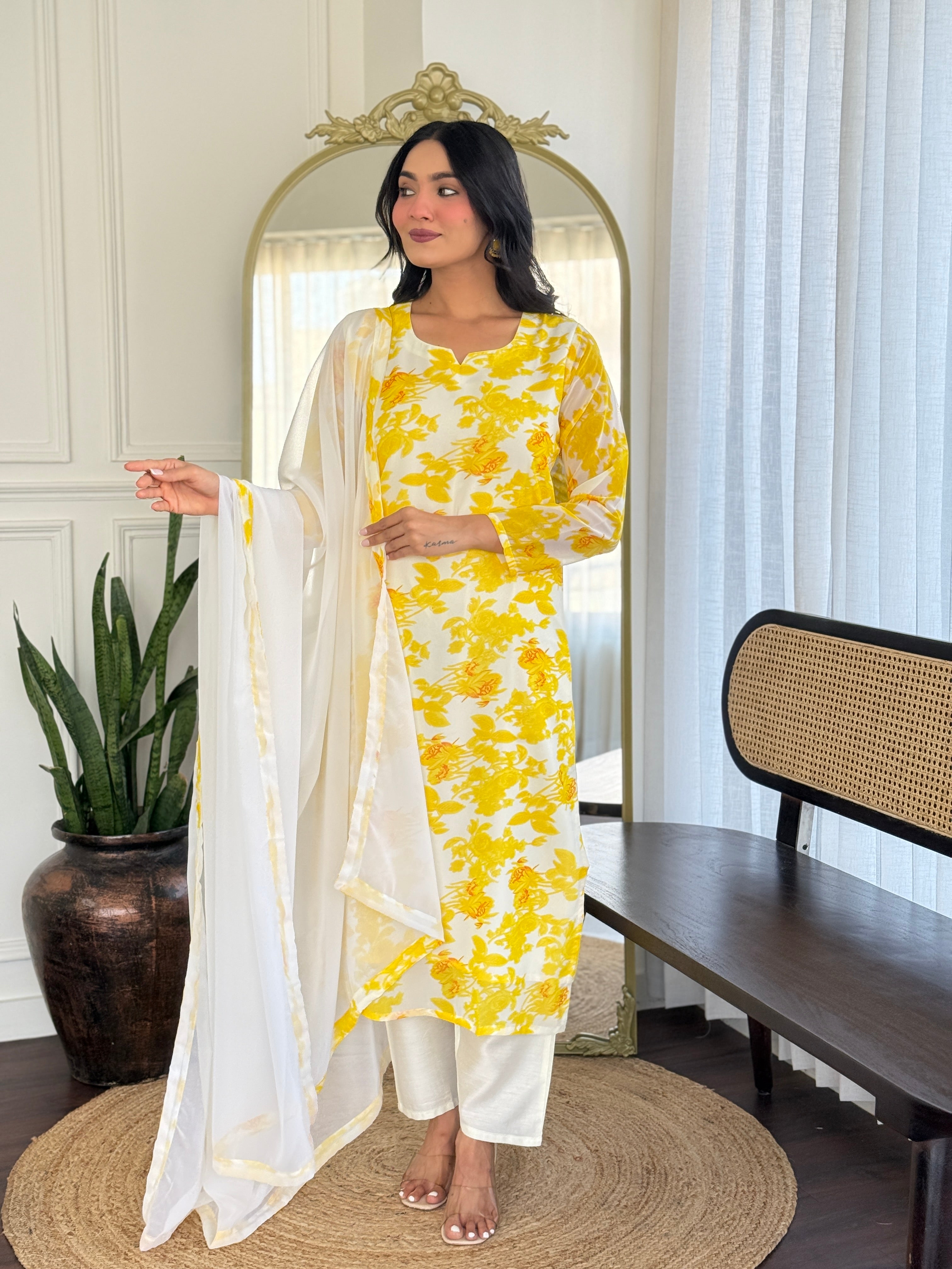 Stylish woman posing in TRENDBUY VI-204 kurti set, demonstrating the comfort and overall aesthetic of the outfit