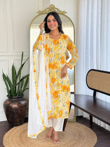 TRENDBUY Elegant Yellow Floral Georgette Kurta Set with Chanderi Silk Pant & Dupatta - VI-205