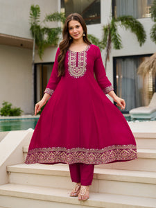 TRENDBUY VI-SHAKTI Rani Pink Vichitra Silk Embroidered Kurti with Pant & Dupatta Set