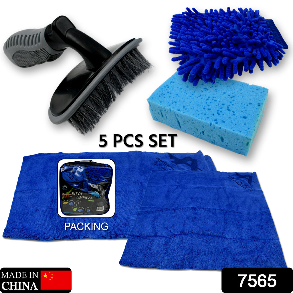 5 Pcs Car Bike Cleaning Combo: microfiber glove, sponge, 2 towels, brush for automobile detailing