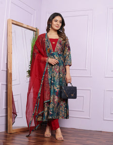 V Neck Round Kurti Pant Duppatta Set | TRENDBUY