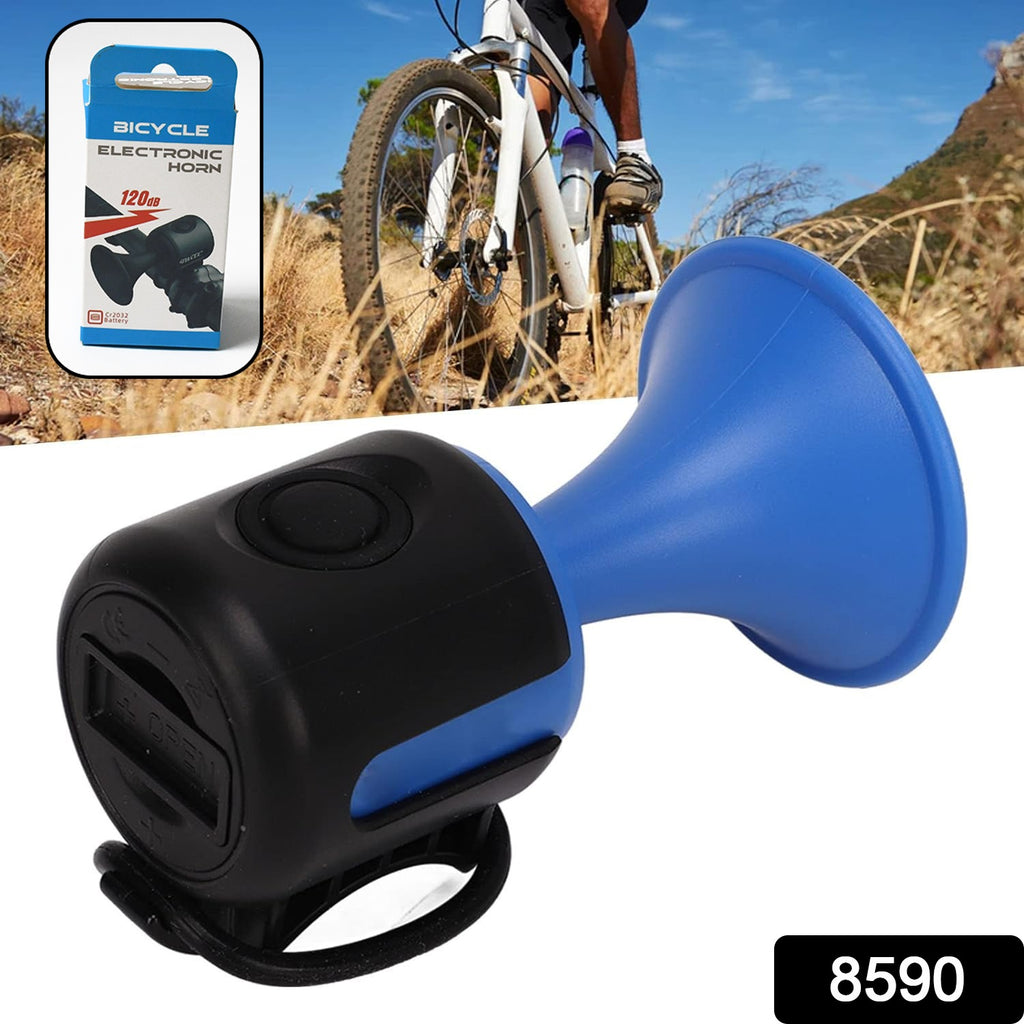 Adult operating black 120db electronic bicycle horn mounted on handlebars.