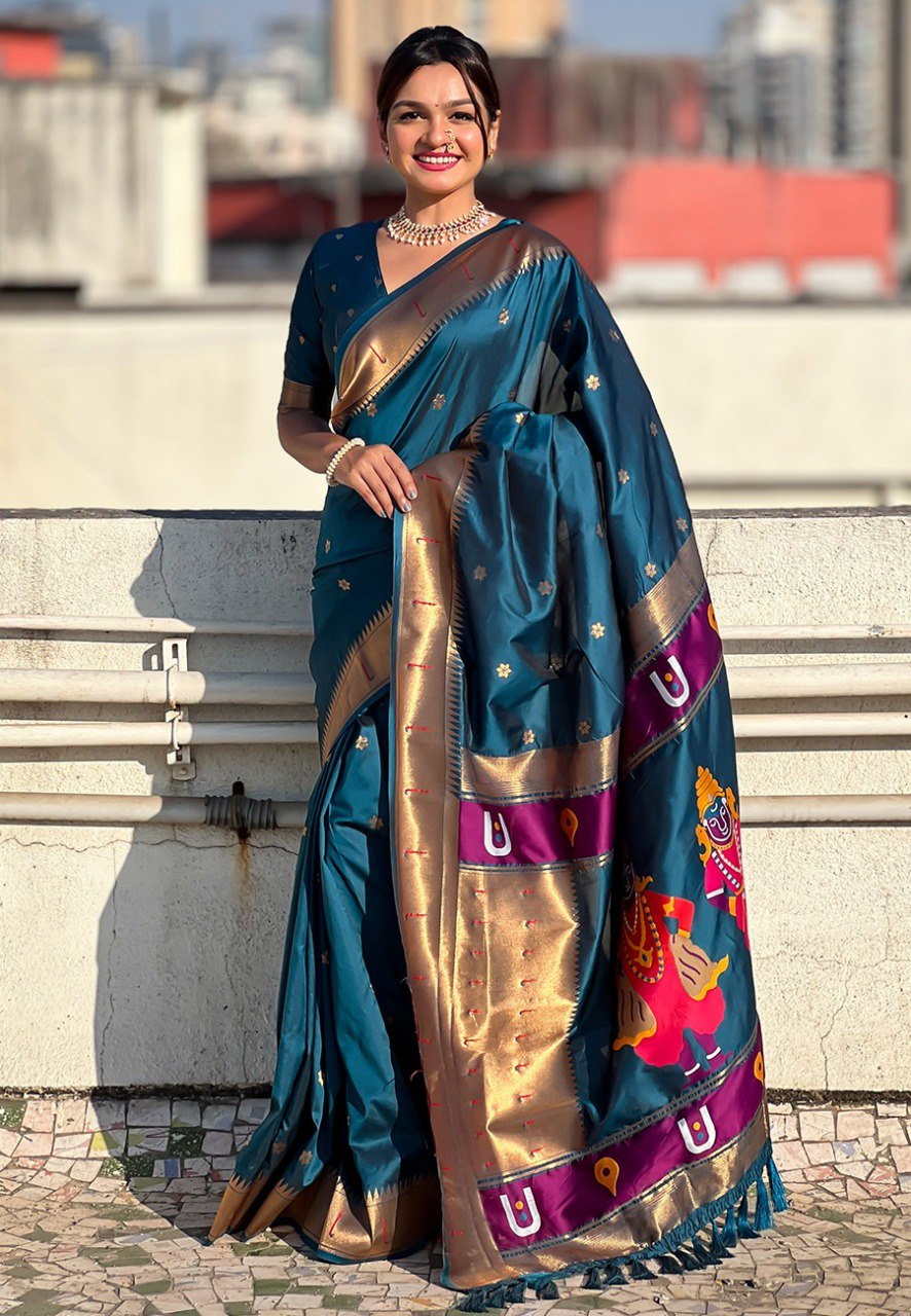 Vitthala print soft silk Paithani saree with traditional motifs and rich texture.