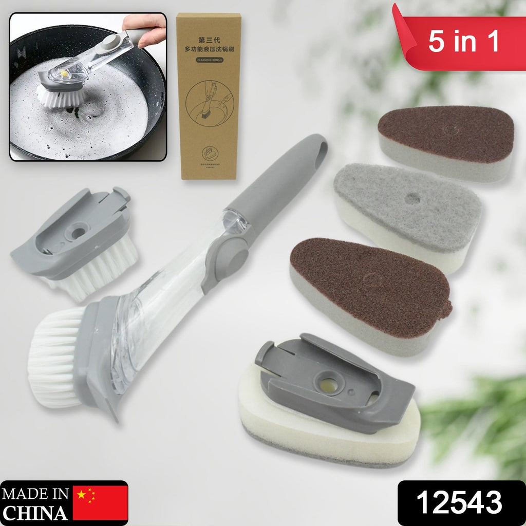 5-in-1 kitchen & home cleaning brush with soap dispenser, interchangeable heads for pans, pots, bathtub & sink