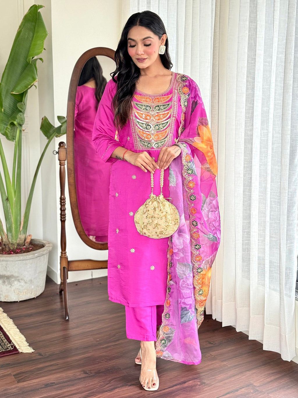 Pink Party Wear Chanderi Silk Kurti