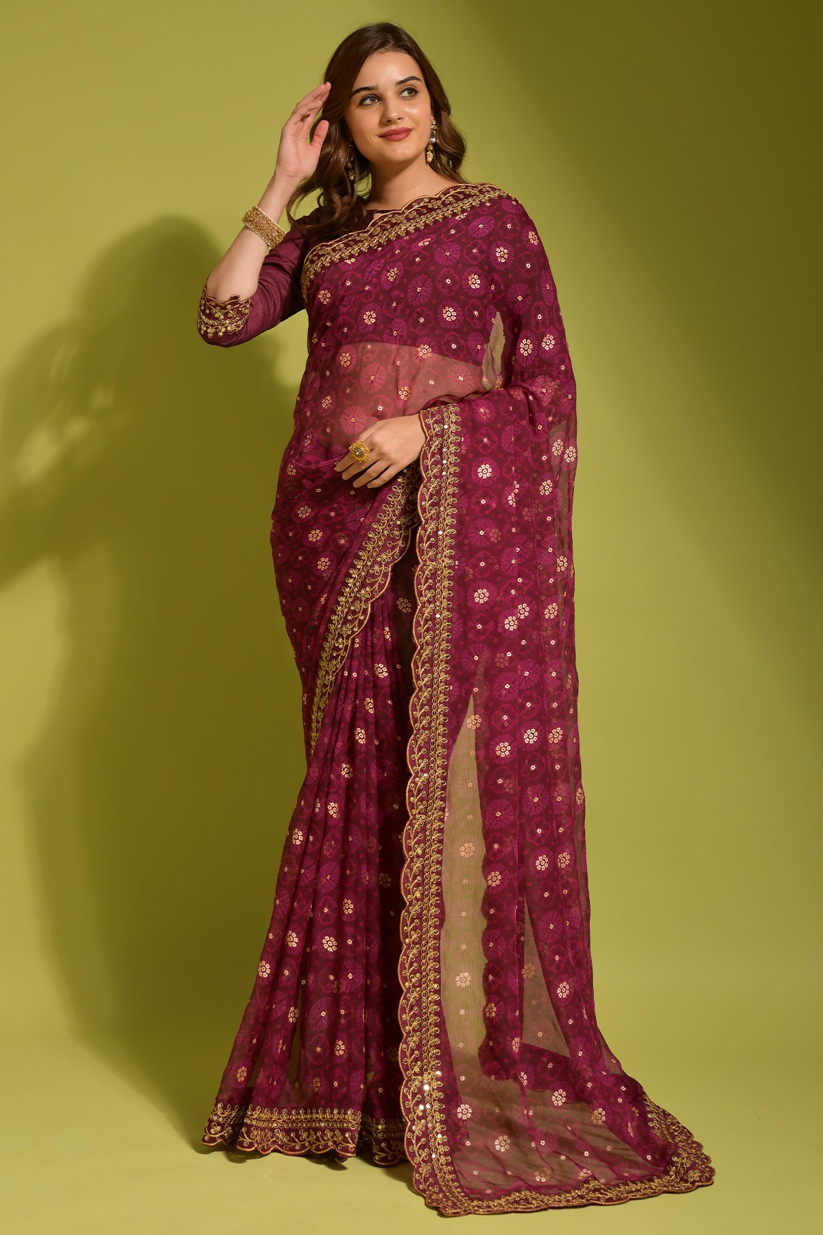 TRENDBUY wine georgette chiffon saree with flower print, foil & sequin work