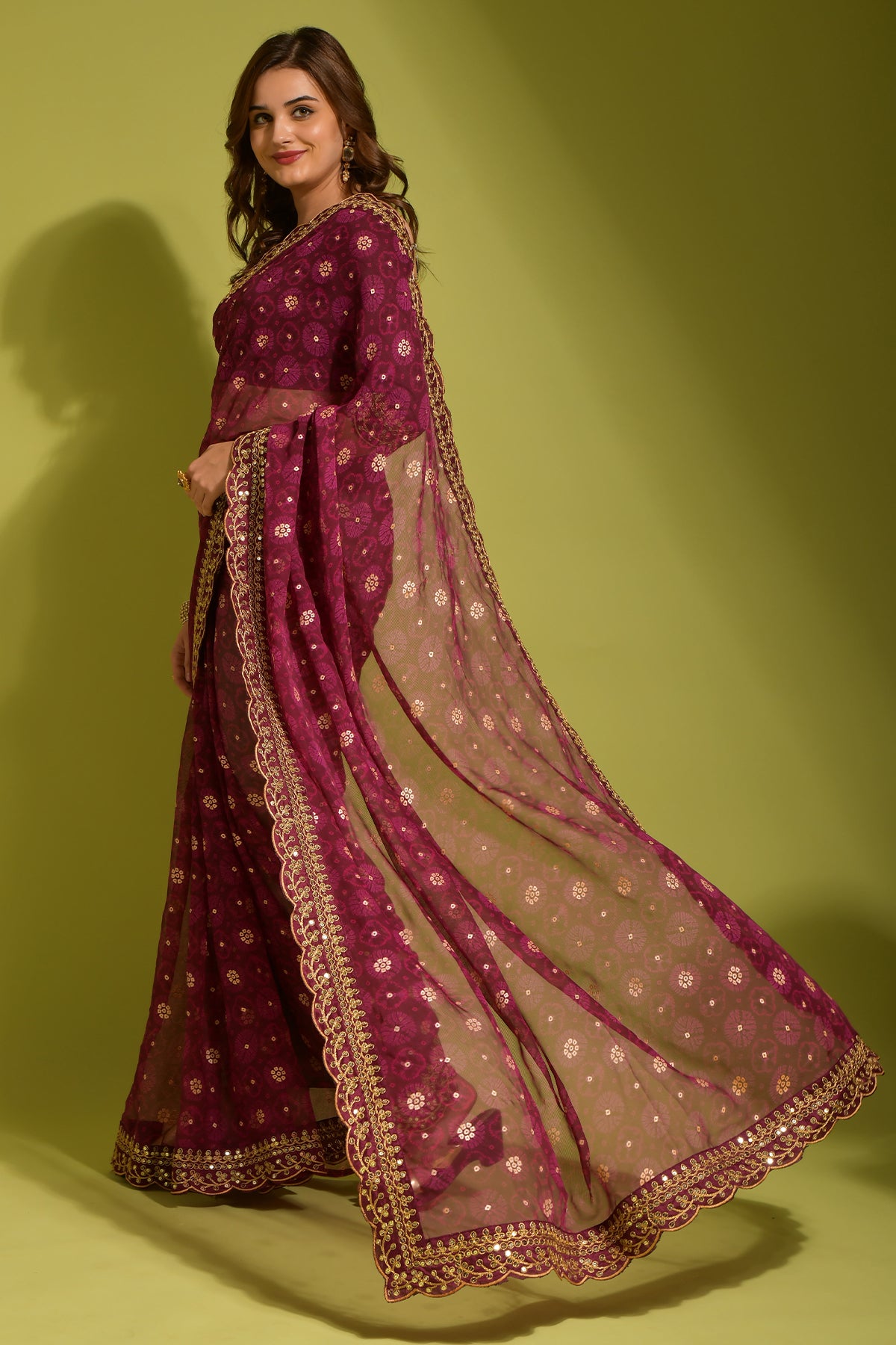 Exquisite wine Georgette chiffon saree with floral print, foil & sequin work