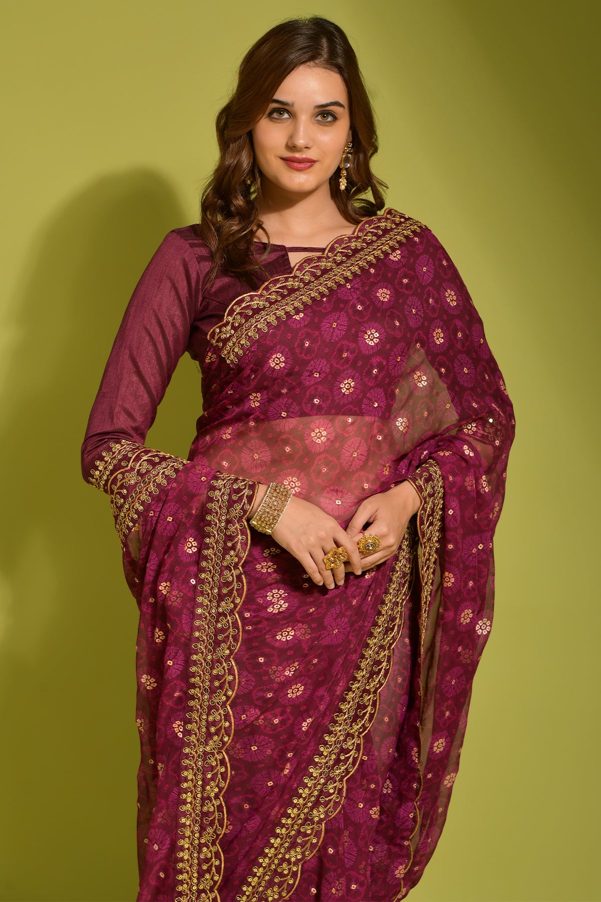 Woman wearing TRENDBUY exquisite Georgette Chiffon Saree with flower print, foil & sequin work.