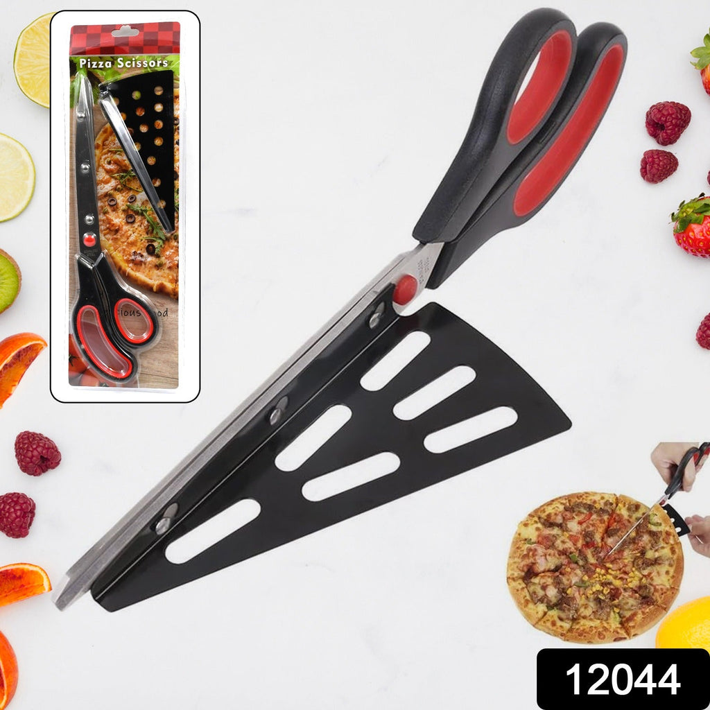 Stainless Steel Pizza Cutter Scissors with Plastic Handle and Removable Spatula cutting a pizza slice.