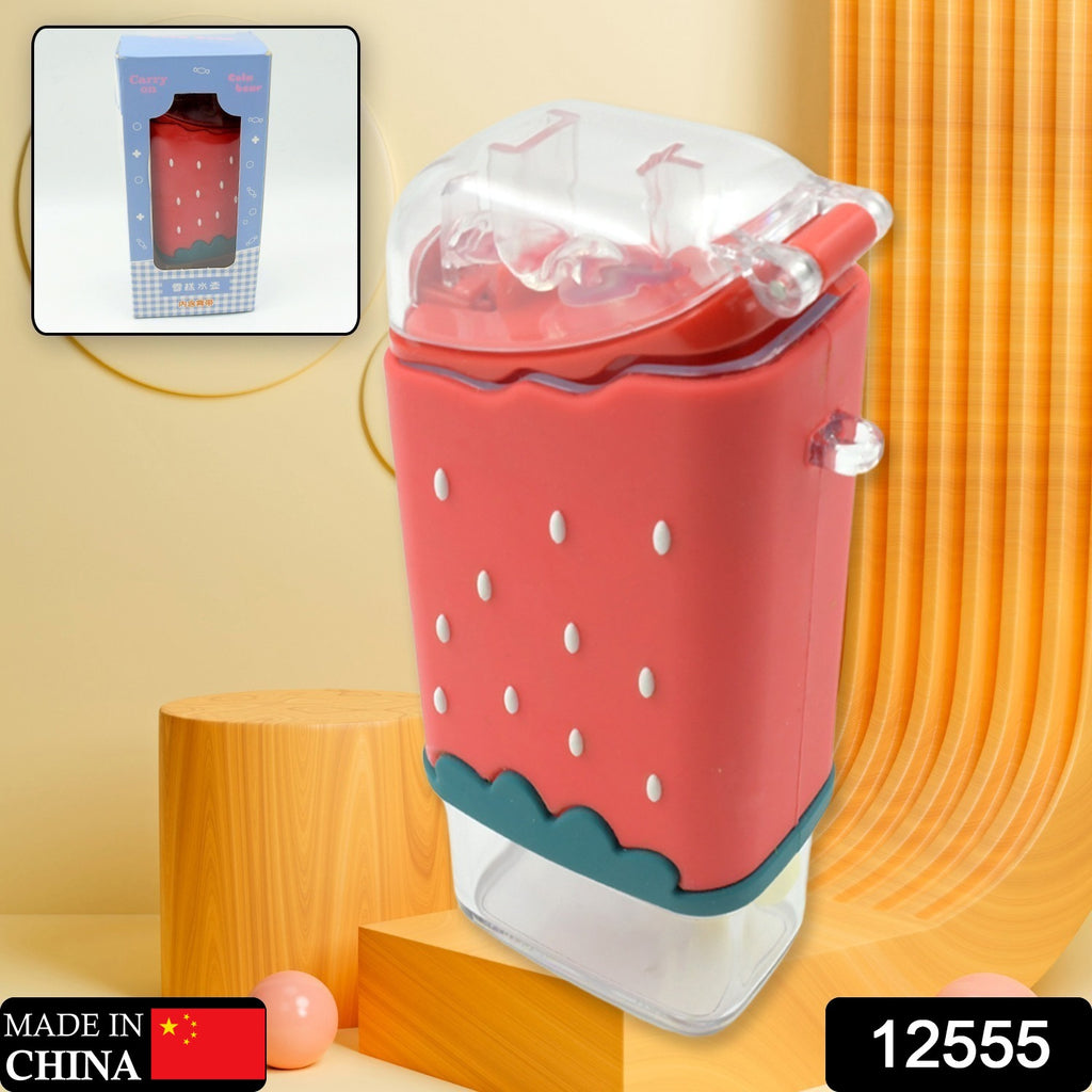 Pink popsicle shaped water bottle for kids with straw and adjustable shoulder strap