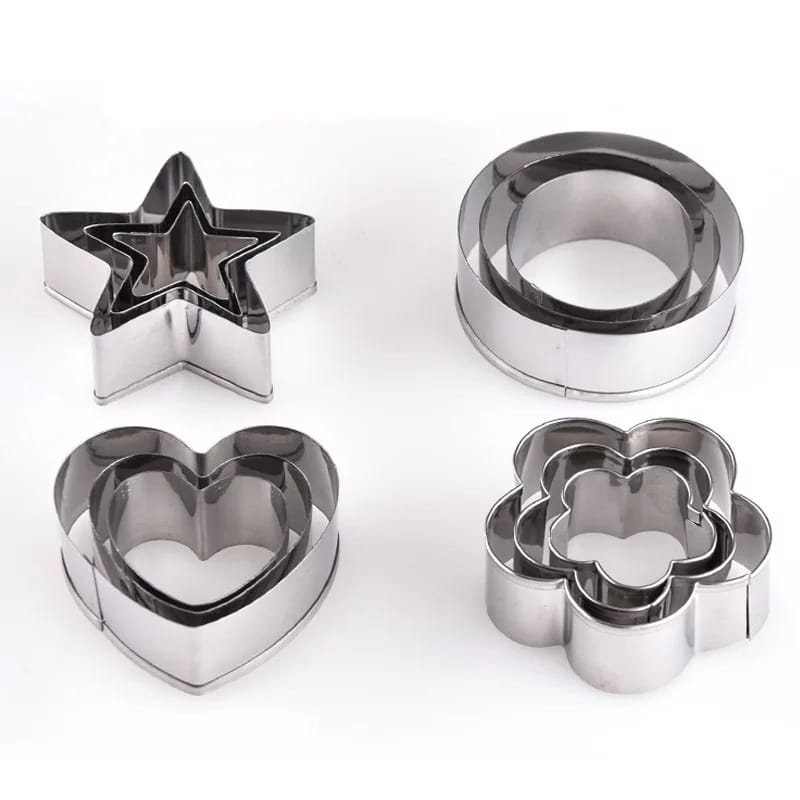 12-piece stainless steel cookie cutter set with heart, round, star, and flower shapes.