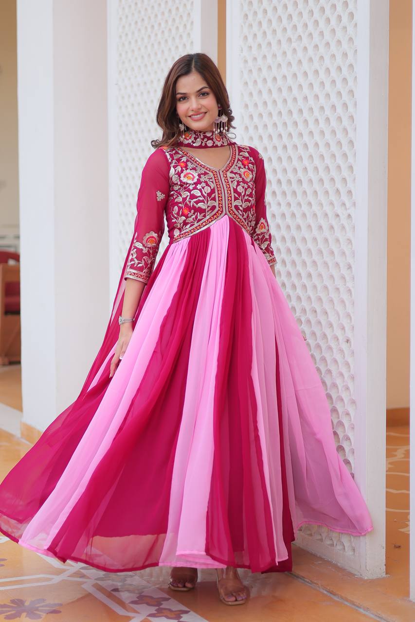 Elegant wedding wear long gown featuring intricate embroidery work