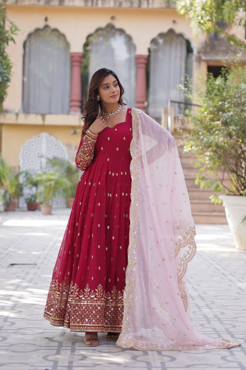 Full-length elegant wedding wear gown with intricate faux blooming embroidery
