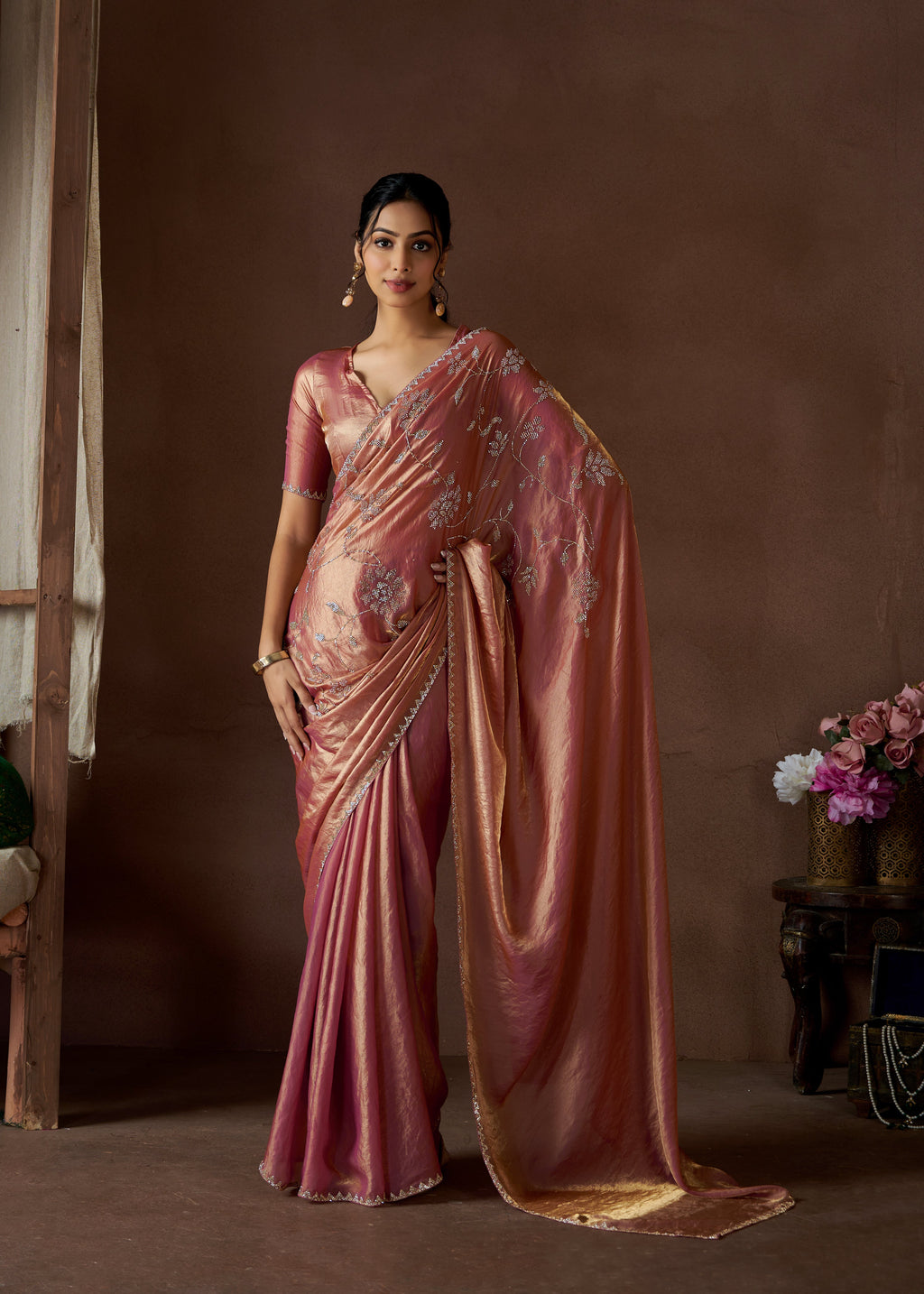 Luxurious satin silk wedding saree with intricate handwork