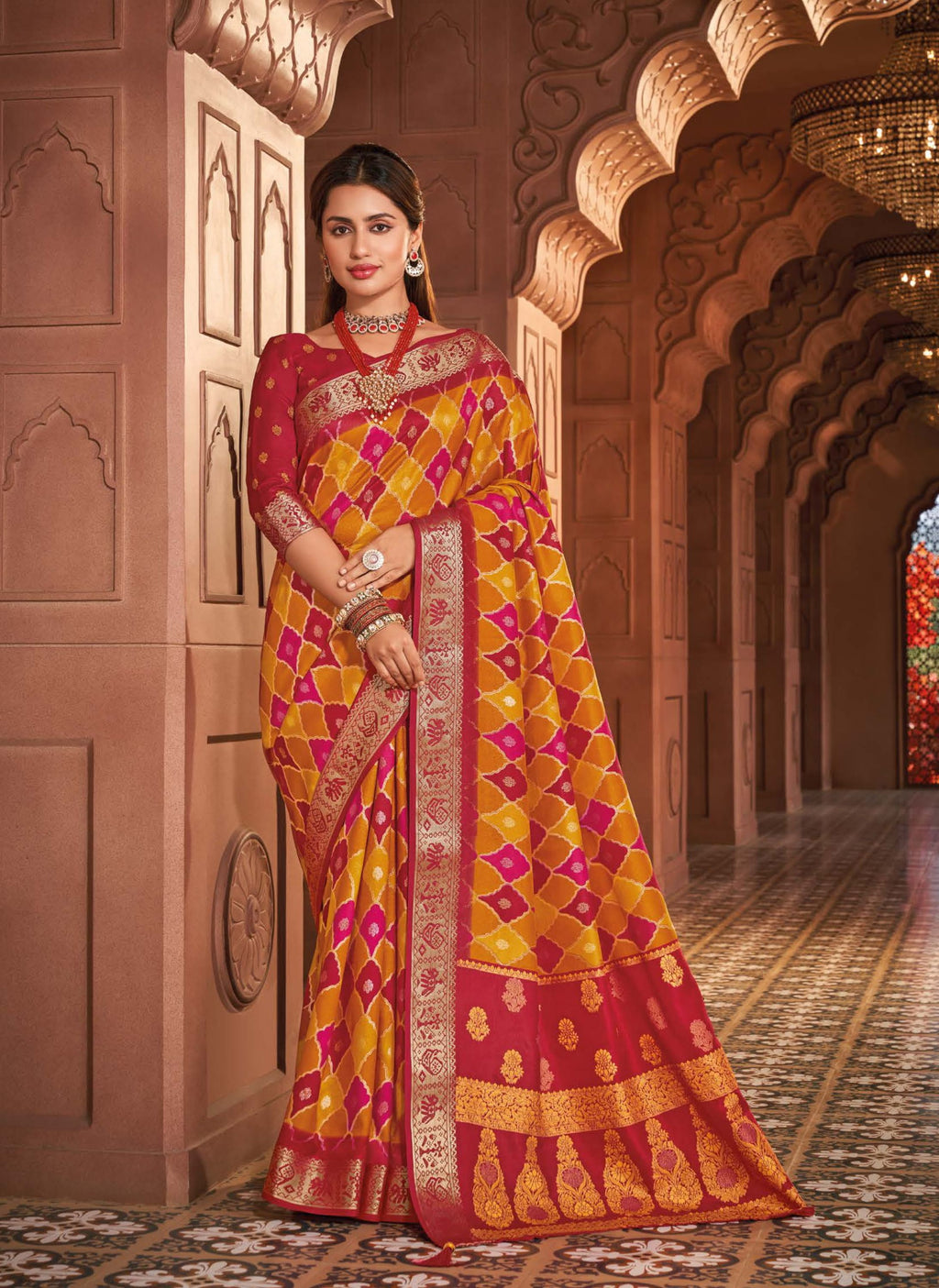 Elegant soft silk zari print wedding saree