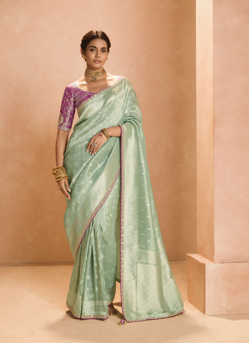 Wedding Wear Tissue Silk Saree, exquisitely draped to highlight its delicate weave and festive design.