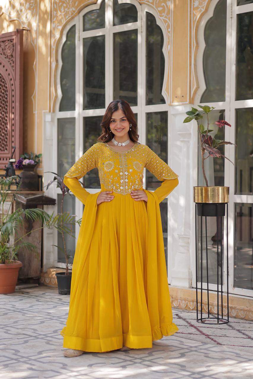 Wedding wear yellow Faux Blooming Georgette Gown