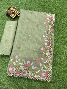 Premium Pista Green Visca Slub Silk Saree with Elegant Cutwork Embroidery