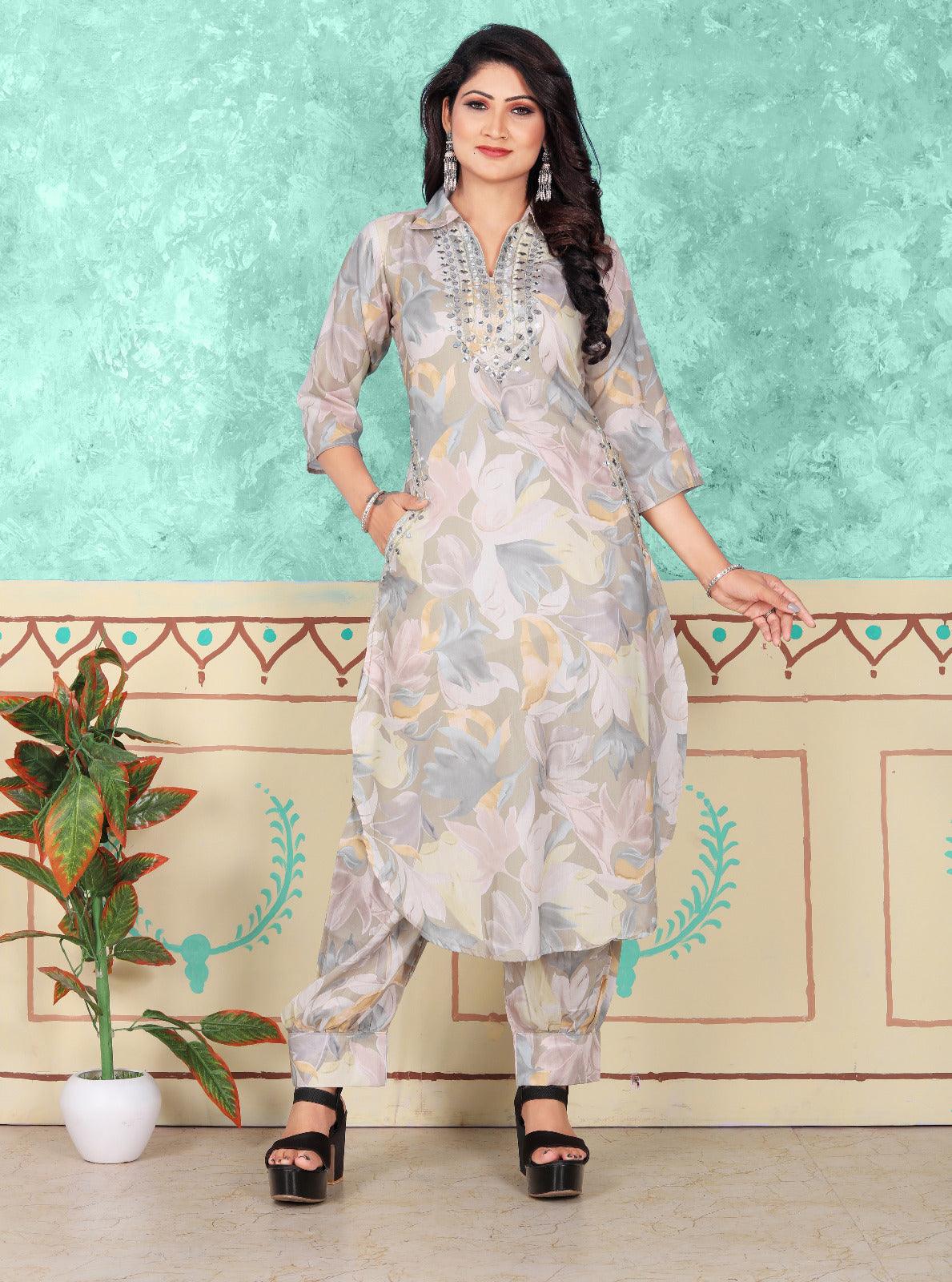 TrendBuy MAHEK Fancy Co-Ord Set with Neck & Pocket Featuring Real Mirror Accents GREEN