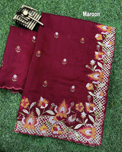 Premium Maroon Visca Slub Silk Embroidery Cutwork Saree for Weddings