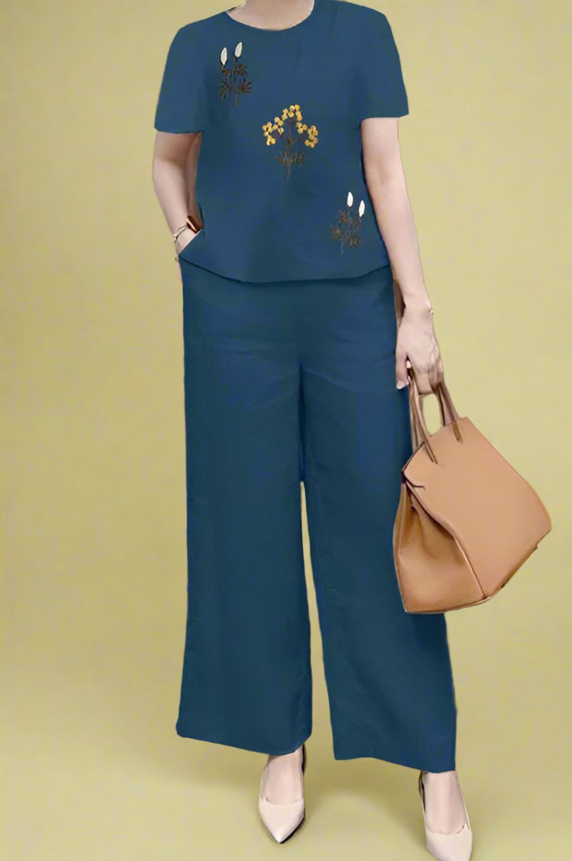 Embroidered Cotton Coord Set - Tunic Top & Trousers for Women Blue