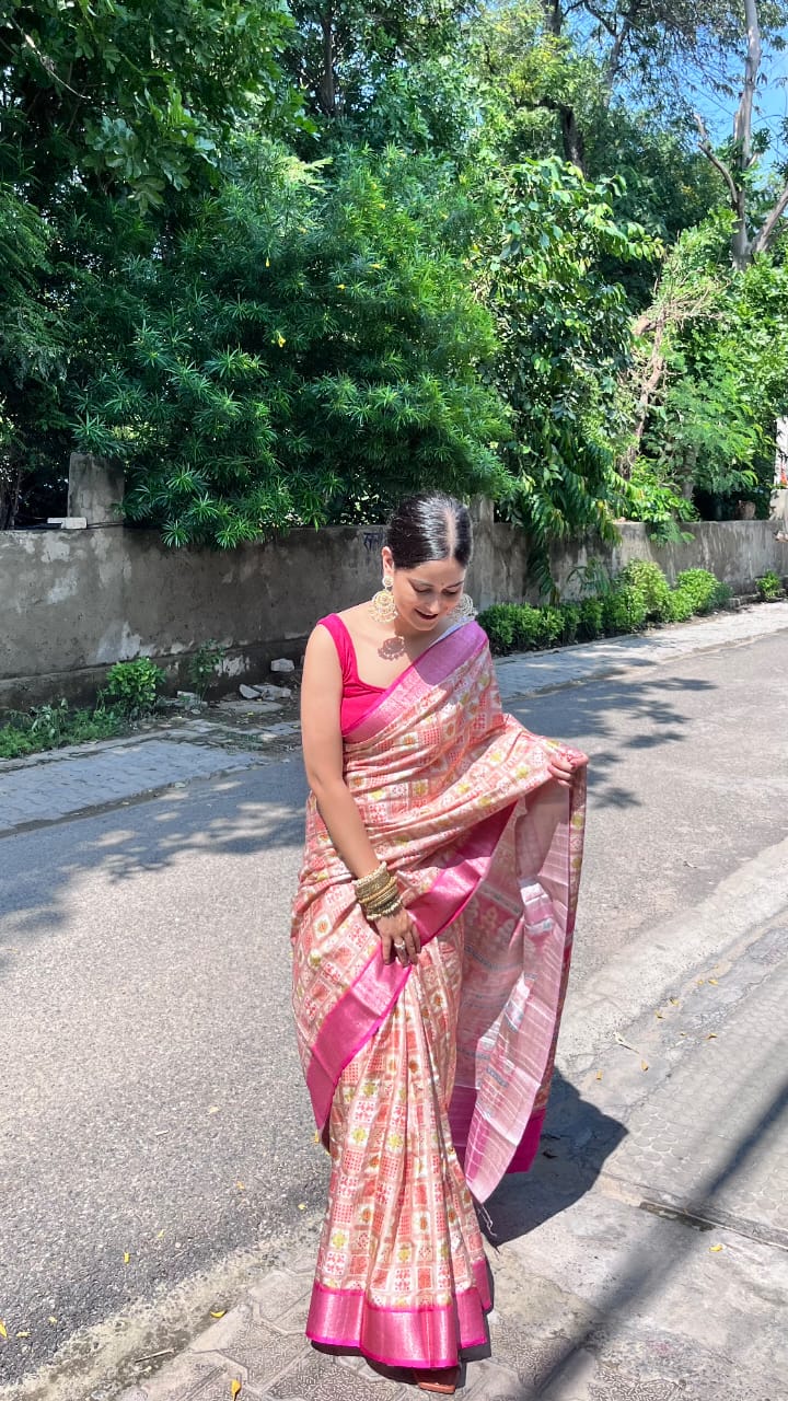 Latest Dola Silk digital printed saree showcasing vibrant, modern patterns and included blouse piece.